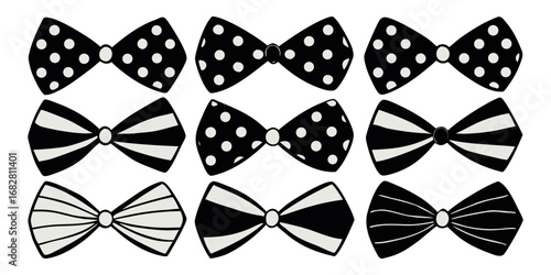 A collection of nine black and white bow ties arranged in a 3x3 grid on a white background. Each bow tie has a unique pattern or design solid black, diagonal stripes, vertical stripes, polka dots, abs