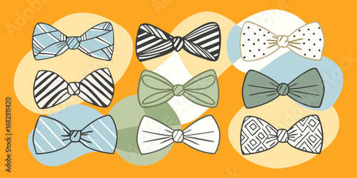 A collection of nine black and white bow ties arranged in a 3x3 grid on a white background. Each bow tie has a unique pattern or design solid black, diagonal stripes, vertical stripes, polka dots, abs