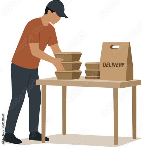 Delivery person arranging food containers and bag on a table.