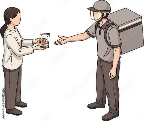 Delivery person handing packaged food to a customer.