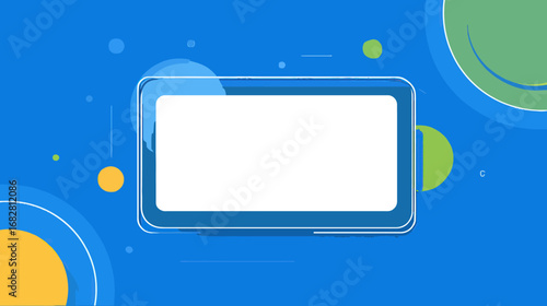 Bright background filled with circles and lines in various colors creates a lively atmosphere. This design emphasizes modern digital aesthetics suitable for various applications.