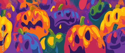 A collection of vibrant pumpkins in shades of orange, purple, and green fill the background, showcasing whimsical faces and a festive Halloween atmosphere during autumn.