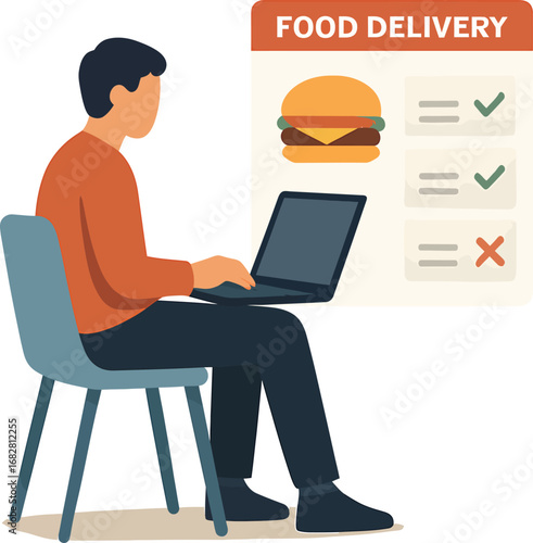 Man using laptop for food delivery order with burger and checklist.