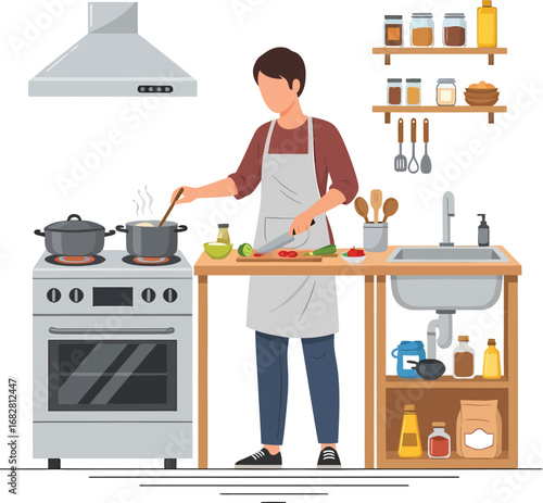 Person cooking and preparing food in a modern kitchen.