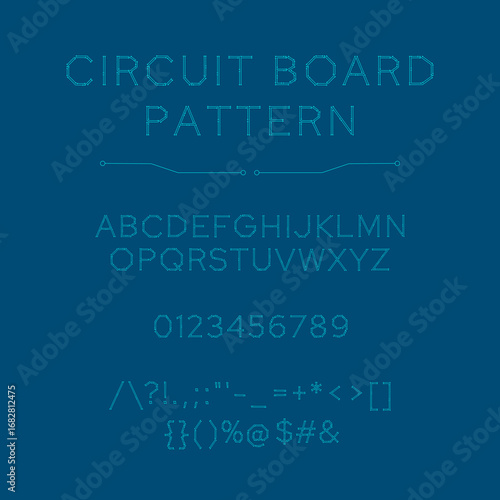 Font stylized in circuit board pattern with uppercase letters A-Z, numbers 0-9 and symbols. Typography, electronics and technology concepts.