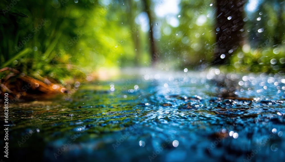 Fototapeta premium Close-up of rain-slicked water in a forest