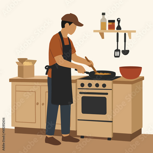 Person in apron cooking on stove with utensils and ingredients.