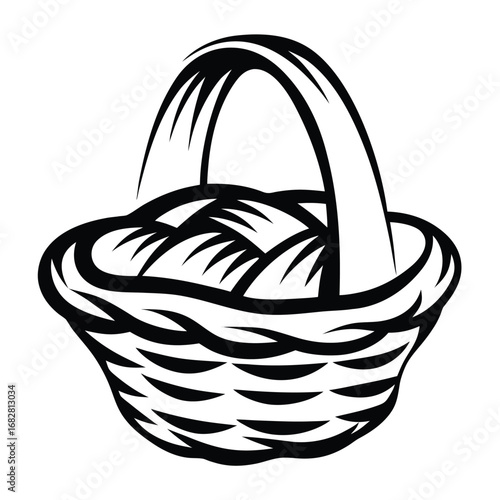 Wicker Basket with Handle Isolated on White Background