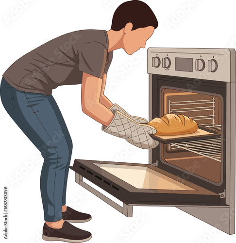 Person placing freshly baked bread into an oven.