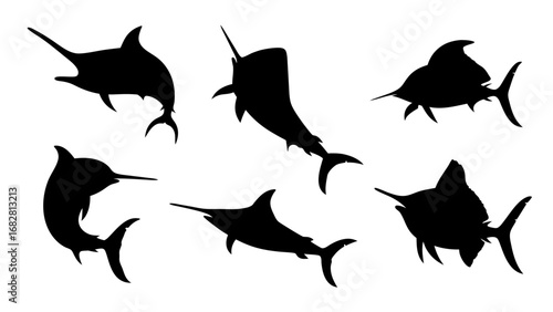 Collection of jumping marlin and sailfish silhouettes. Big game saltwater sport fishing vector icons set