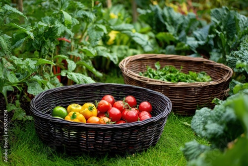 Freshly harvested vegetables in woven baskets