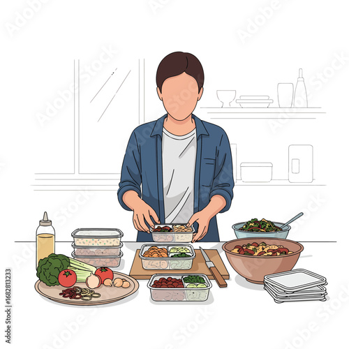 Person preparing healthy meal prep containers with fresh ingredients.