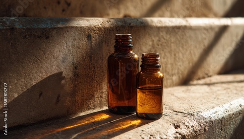 Two amber glass bottles resting on stone steps, bathed in sunlight