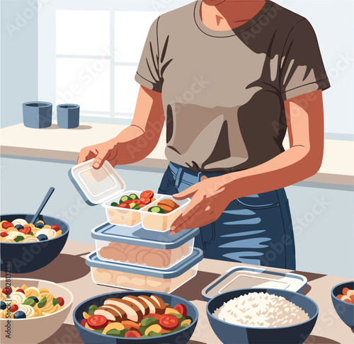 Person preparing healthy meals in reusable containers for meal prepping.