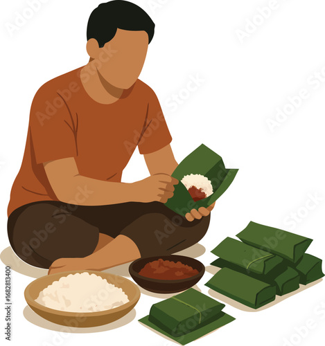 Person preparing traditional food wrapped in banana leaves.