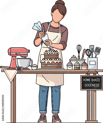 Woman decorating a multilayered cake with frosting using a piping bag.
