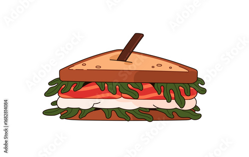 Triangle toasts with salmon. Tasty sandwich with fish, curd cheese and arugula. Delicious healthy burger with skewer. Lunch eating, food for snack, BLT. Flat isolated vector illustration on white