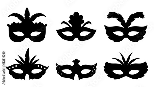 Six different black carnival masks silhouetted against a white background, perfect for festive designs and events