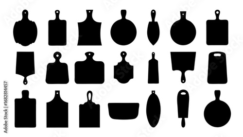 Collection of various kitchen chopping boards silhouette, used for cutting food, preparation on a white background