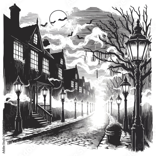 old-fashioned street with gas lamps, cobblestone road, tram tracks, and wooden houses in foggy atmosphere sketch engraving generative ai vector illustration. Scratch board. Black and white image.