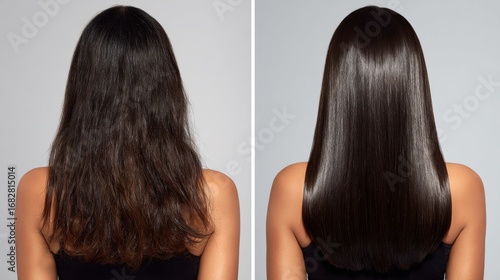 Before and after hair transformation on woman with long dark hair