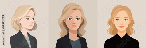 Three digital portraits depict a woman with different hairstyles and expressions. Soft features and a creative style enhance the artistic representation. Each portrait offers a unique perspective.