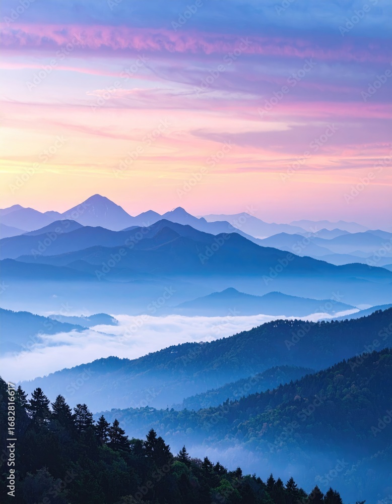 Obraz premium Serene mountain vista at dawn, layers of blue hills fading into the horizon beneath a pink and blue sky. Lush forest lines the foreground