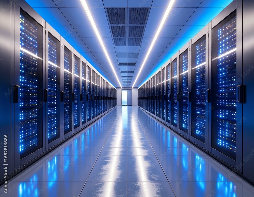 Fototapeta premium Digital Core: A Sleek Server Room Illuminated by Blue Racks and Ambient Light