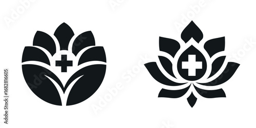 Two unique flower designs with a medical cross at the center represent health and wellness themes. The logos convey a sense of care and balance, ideal for wellness brands.