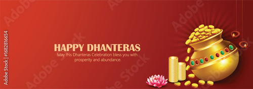 Illustration of Dhanteras Celebration with Kalash, Coins, marigold garlands, and footprints symbolizing prosperity,