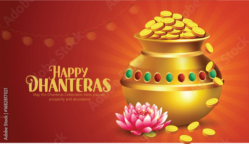 Illustration of Dhanteras Celebration with Kalash, Coins, marigold garlands, and footprints symbolizing prosperity,