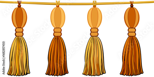 A detailed close-up view of various decorative tassel trims hanging in a row on a white or transparent background. The tassels are attached to thick, braided cords and arranged in four distinct styles