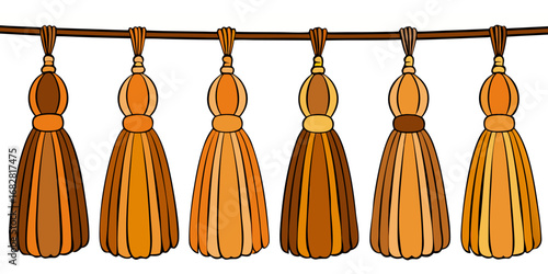 A detailed close-up view of various decorative tassel trims hanging in a row on a white or transparent background. The tassels are attached to thick, braided cords and arranged in four distinct styles