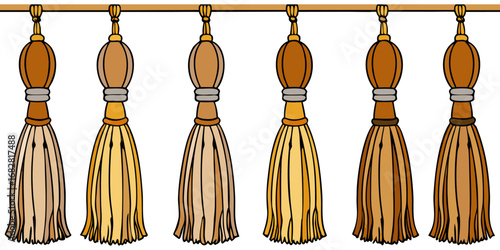 A detailed close-up view of various decorative tassel trims hanging in a row on a white or transparent background. The tassels are attached to thick, braided cords and arranged in four distinct styles