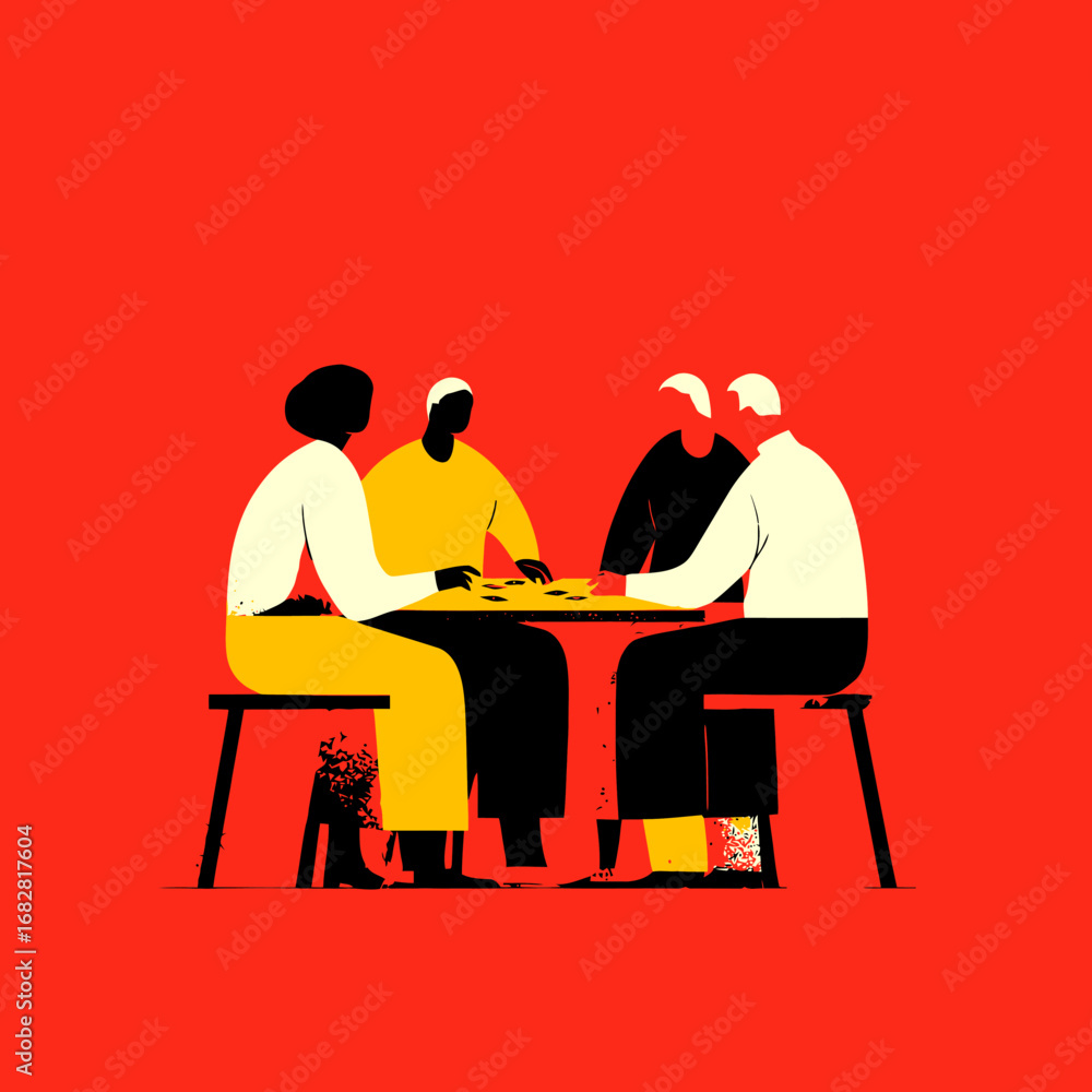 Fototapeta premium Four adults gather around a table, engaging in a board game. The lively atmosphere is enhanced by the striking red background, creating a sense of excitement and camaraderie.