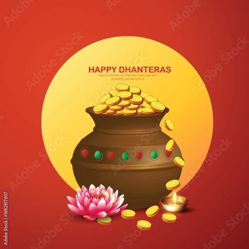 Illustration of Dhanteras Celebration with Kalash, Coins, marigold garlands, and footprints symbolizing prosperity,