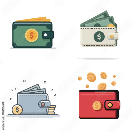 Various wallet designs display cash, coins, and vibrant colors. The collection emphasizes functionality and style, appealing to different tastes in personal finance accessories.
