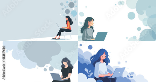 Four women engaged in different activities on laptops, each immersed in their tasks. The backgrounds feature soft colors and abstract shapes, enhancing a creative atmosphere.