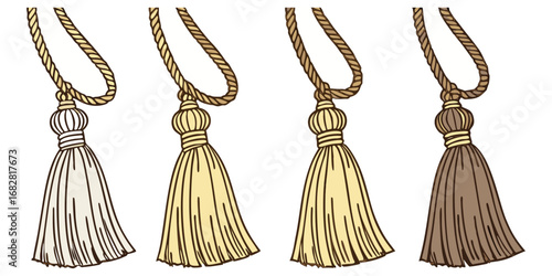A detailed close-up view of various decorative tassel trims hanging in a row on a white or transparent background. The tassels are attached to thick, braided cords and arranged in four distinct styles
