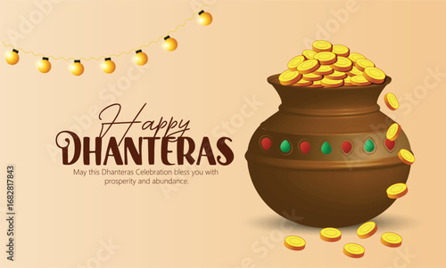 Illustration of Dhanteras Celebration with Kalash, Coins, marigold garlands, and footprints symbolizing prosperity,