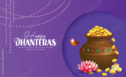 Illustration of Dhanteras Celebration with Kalash, Coins, marigold garlands, and footprints symbolizing prosperity,