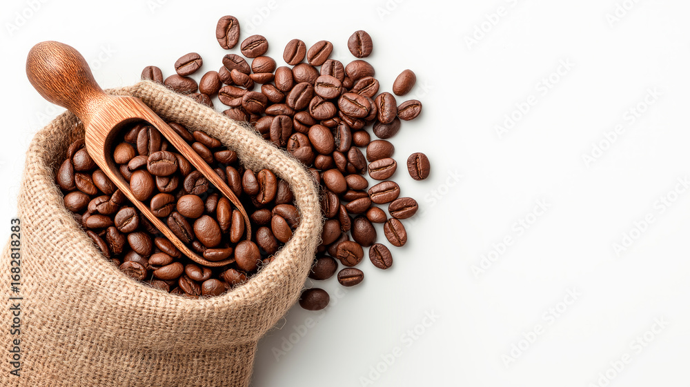 Obraz premium Close up of burlap bag filled with coffee beans with wooden spoon, photorealism, minimalism.