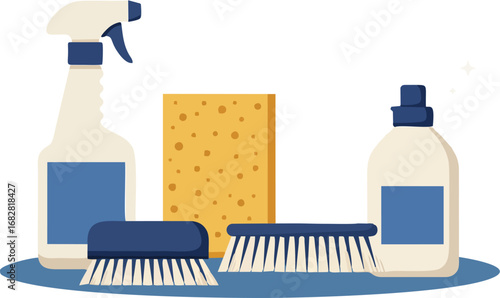 Cleaning supplies gather ready for tasks