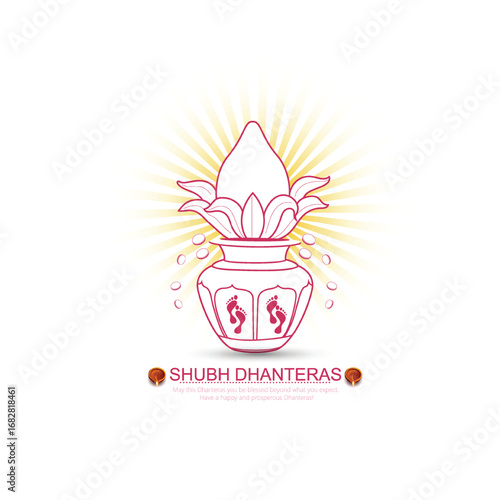 Illustration of Dhanteras Celebration with Kalash, Coins, marigold garlands, and footprints symbolizing prosperity,