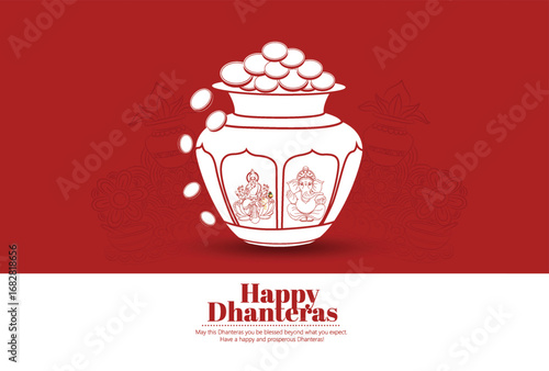 Illustration of Dhanteras Celebration with Kalash, Coins, marigold garlands, and footprints symbolizing prosperity,