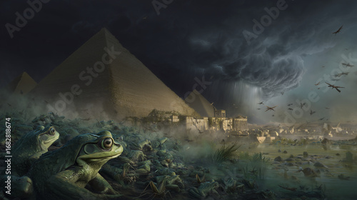 The plagues of Egypt with frogs, darkness, and locusts, symbolizing divine wrath, Egyptian plagues, biblical judgment, spiritual wrath, historical event, divine power