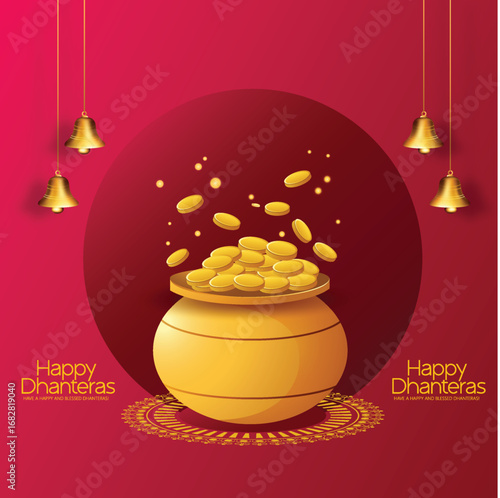 Illustration of Dhanteras Celebration with Kalash, Coins, marigold garlands, and footprints symbolizing prosperity,