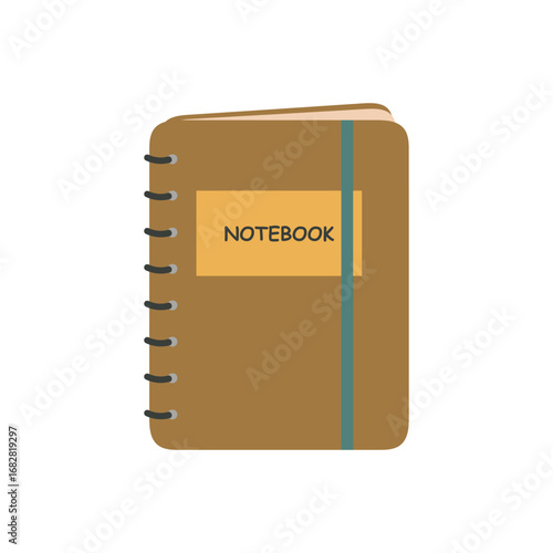 Brown notebook on white background. Isolated vector illustration in flat cartoon style. Back to school, Educational design element. For fabric, wrapping, cards, textile, wallpaper, apparel.