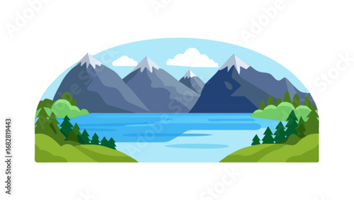 Mountain lake landscape scenery vector illustration for travel and nature background with beautiful outdoor view