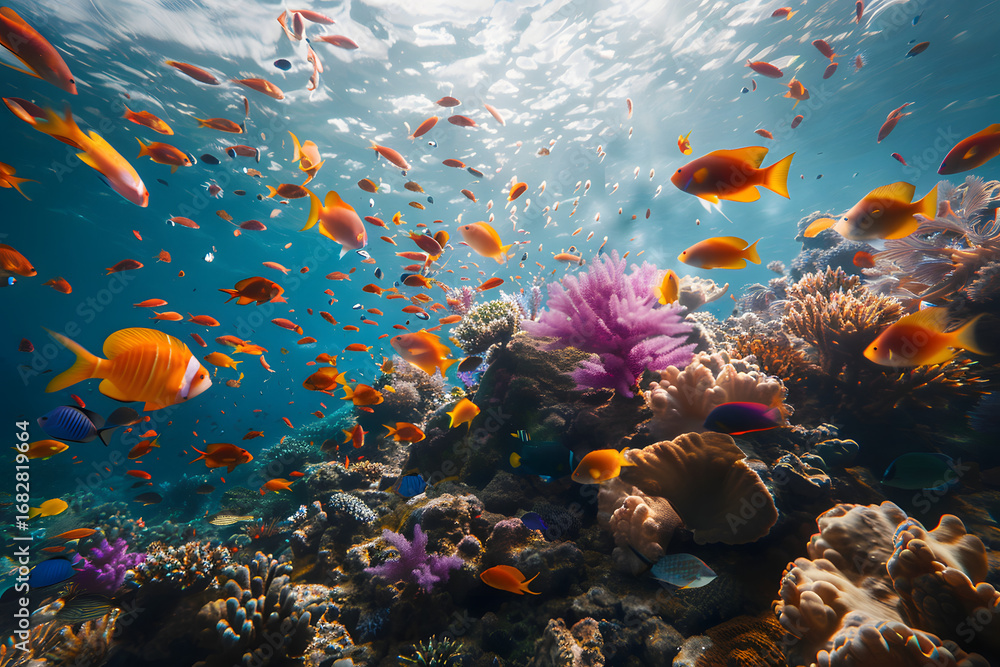 Fototapeta premium Colorful Coral Reef Fishes: Vibrant Marine Life in Tropical Underwater Ecosystem